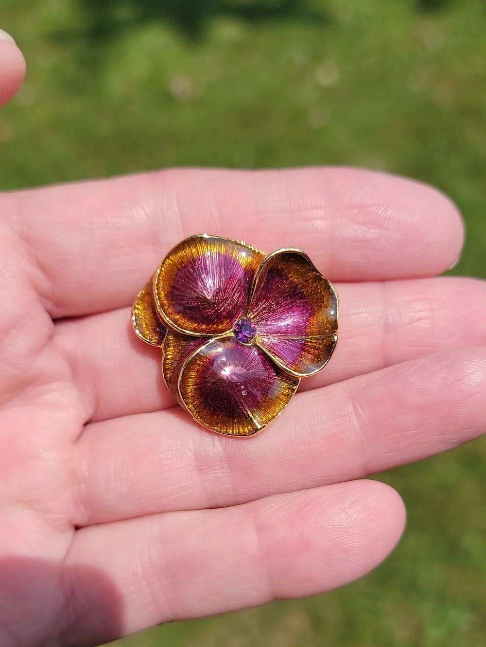 Vintage Joan Rivers Gold-Tone Purple & Amber Pansy Brooch Floral Stunning